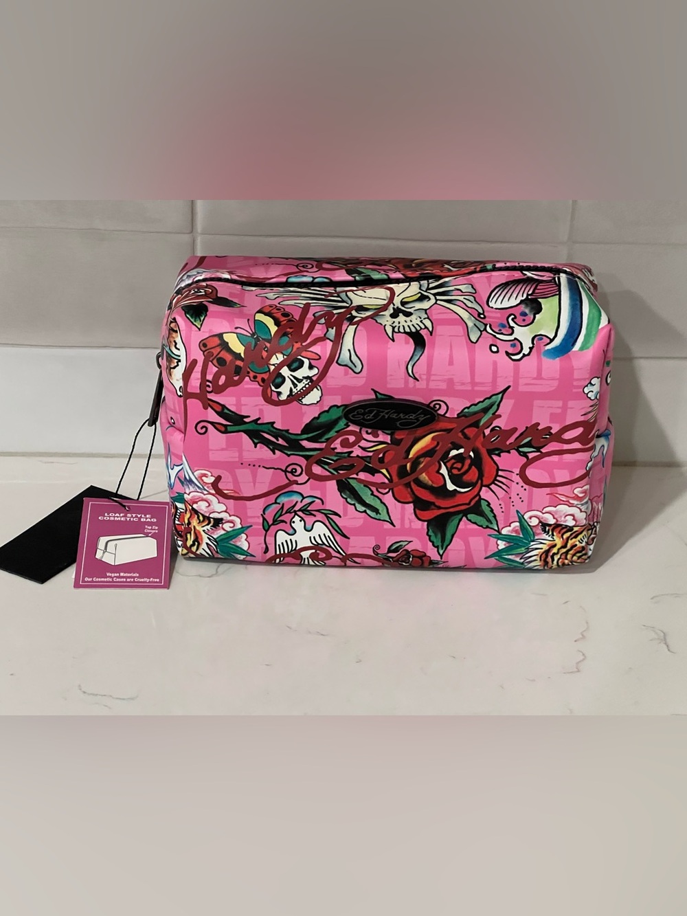 ED HARDY Pink SKULL Loaf Cosmetic Bag Travel Bathroom Makeup NWT Y2K Butterfly